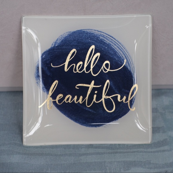 Glass jewelry tray with gold “hello beautiful”
